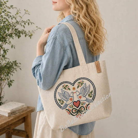Lovebirds Embroidered Tote-Carry Your Love Story